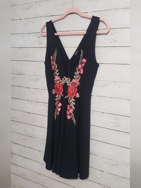 Lulu's Black V-Neck Dress with Red Floral Embroidery Medium Fit N Flare